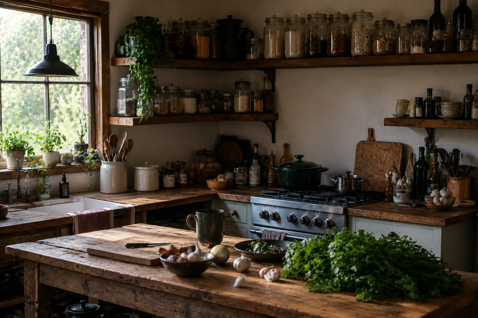 Rustic home kitchen with wooden counters, open pantry shelves, fresh herbs, cookware, and natural morning light